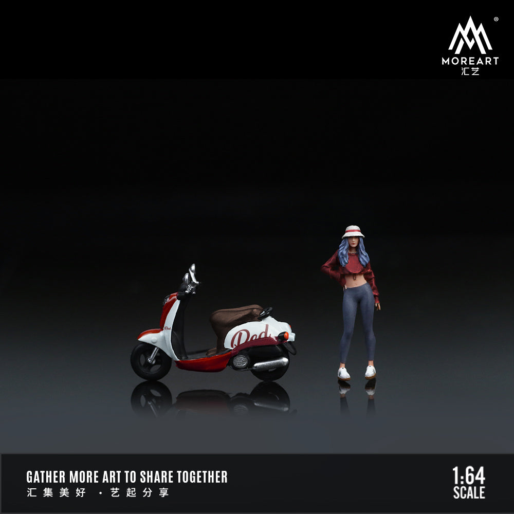 MOREART 1:64 VINTAGE SCOOTER WHITE AND RED FASHION FEMALE DOLL SET RESIN MODEL