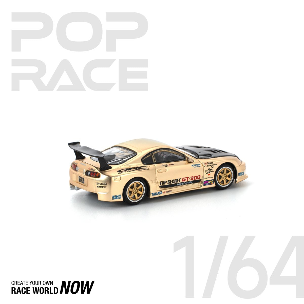 POP RACE 1:64 TOP SECRET GT300 SUPRA CHROME GOLD / CARBON HOOD - PRE ORDER
