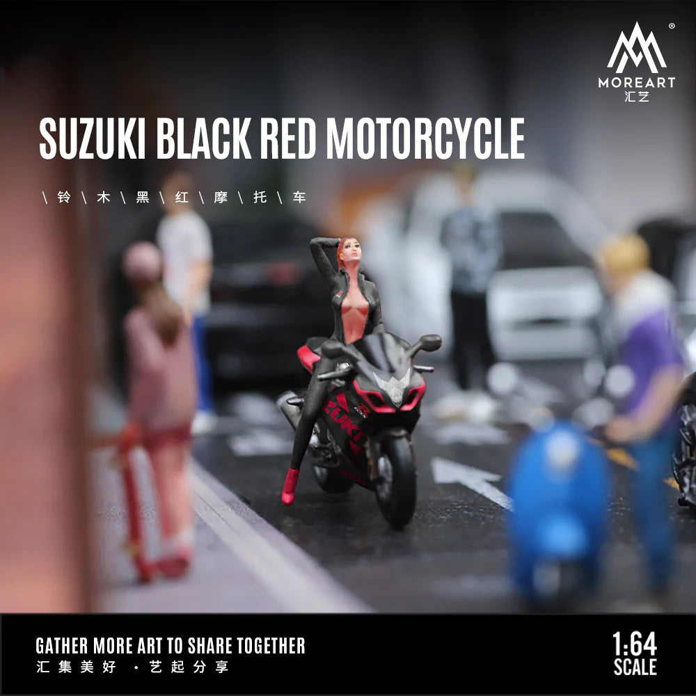 SUZUKI BLACK AND RED MOTORCYCLE DOLL SET RESIN MODEL