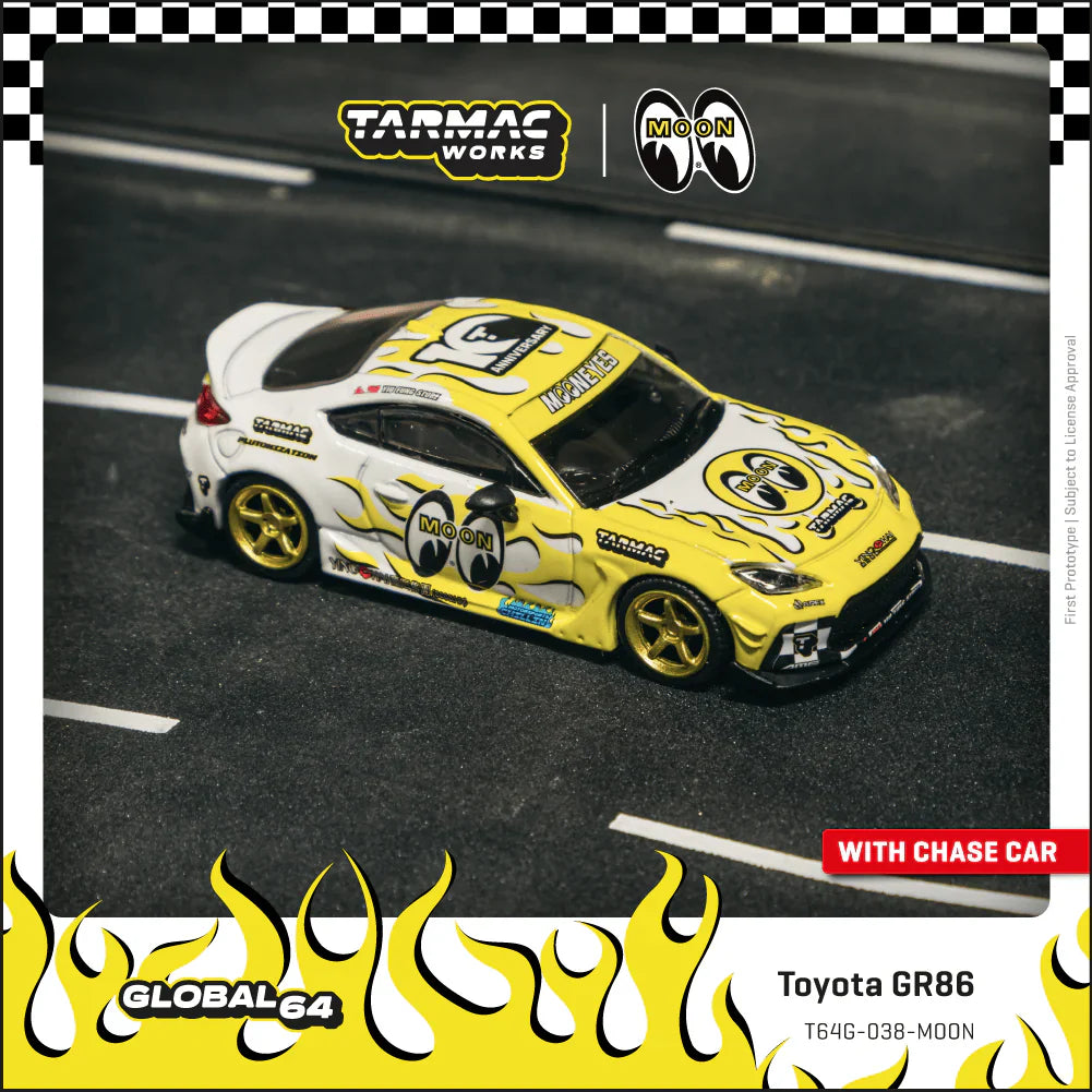 1:64 TOYOTA GR86 -- MOONEYES YELLOW/WHITE FLAMES -- TARMAC WORKS
