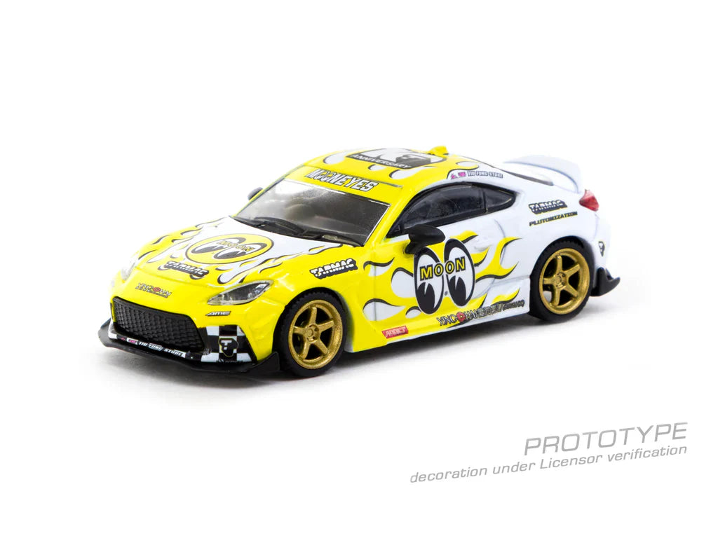 1:64 TOYOTA GR86 -- MOONEYES YELLOW/WHITE FLAMES -- TARMAC WORKS