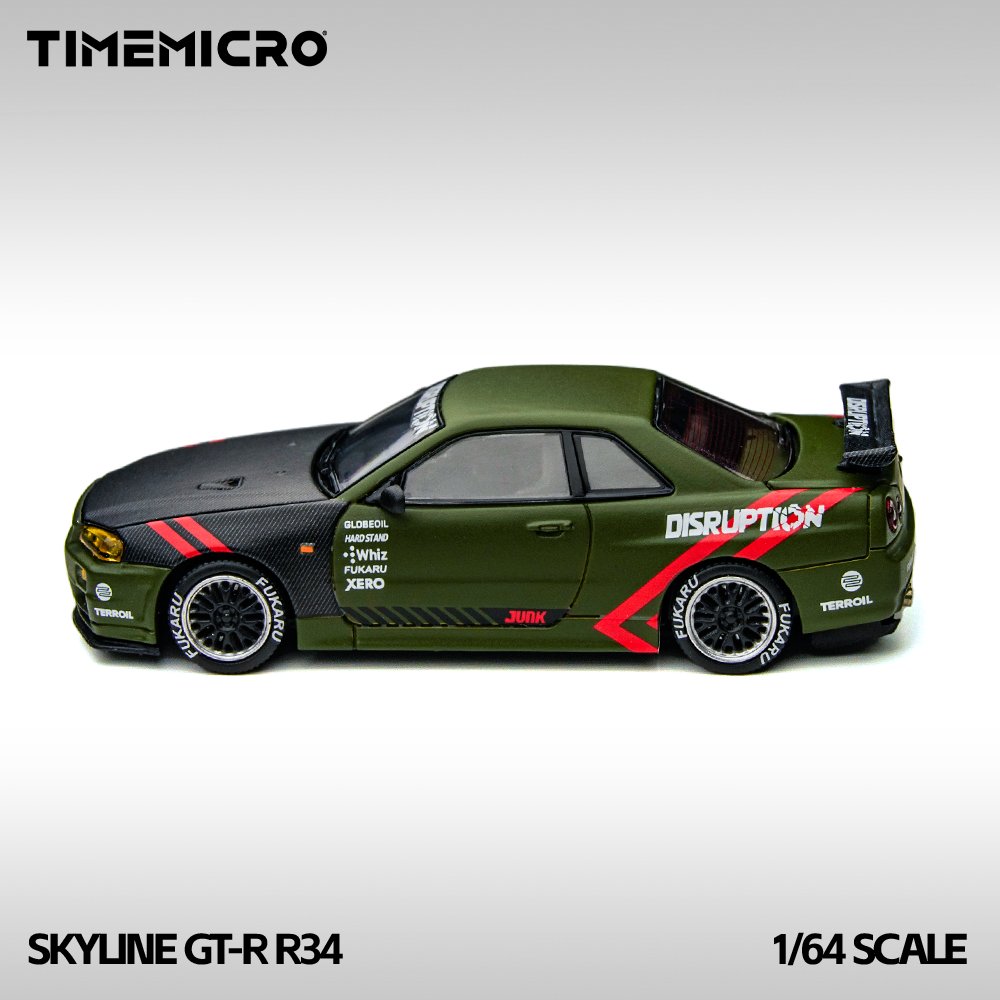 TM 1:64 Skyline GT-R R34 Matte Green Alloy Simulation Car Model