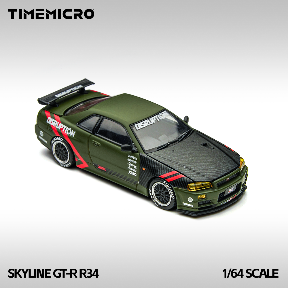 TM 1:64 Skyline GT-R R34 Matte Green Alloy Simulation Car Model