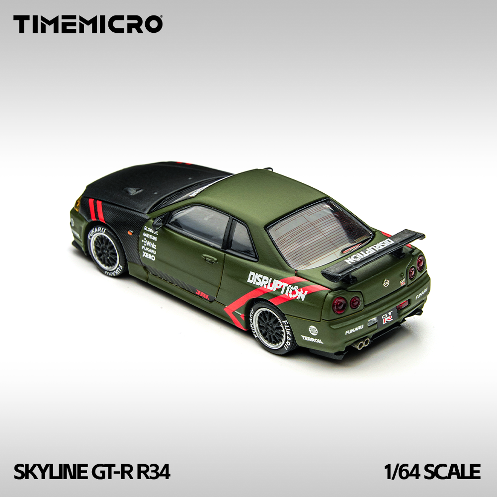 TM 1:64 Skyline GT-R R34 Matte Green Alloy Simulation Car Model