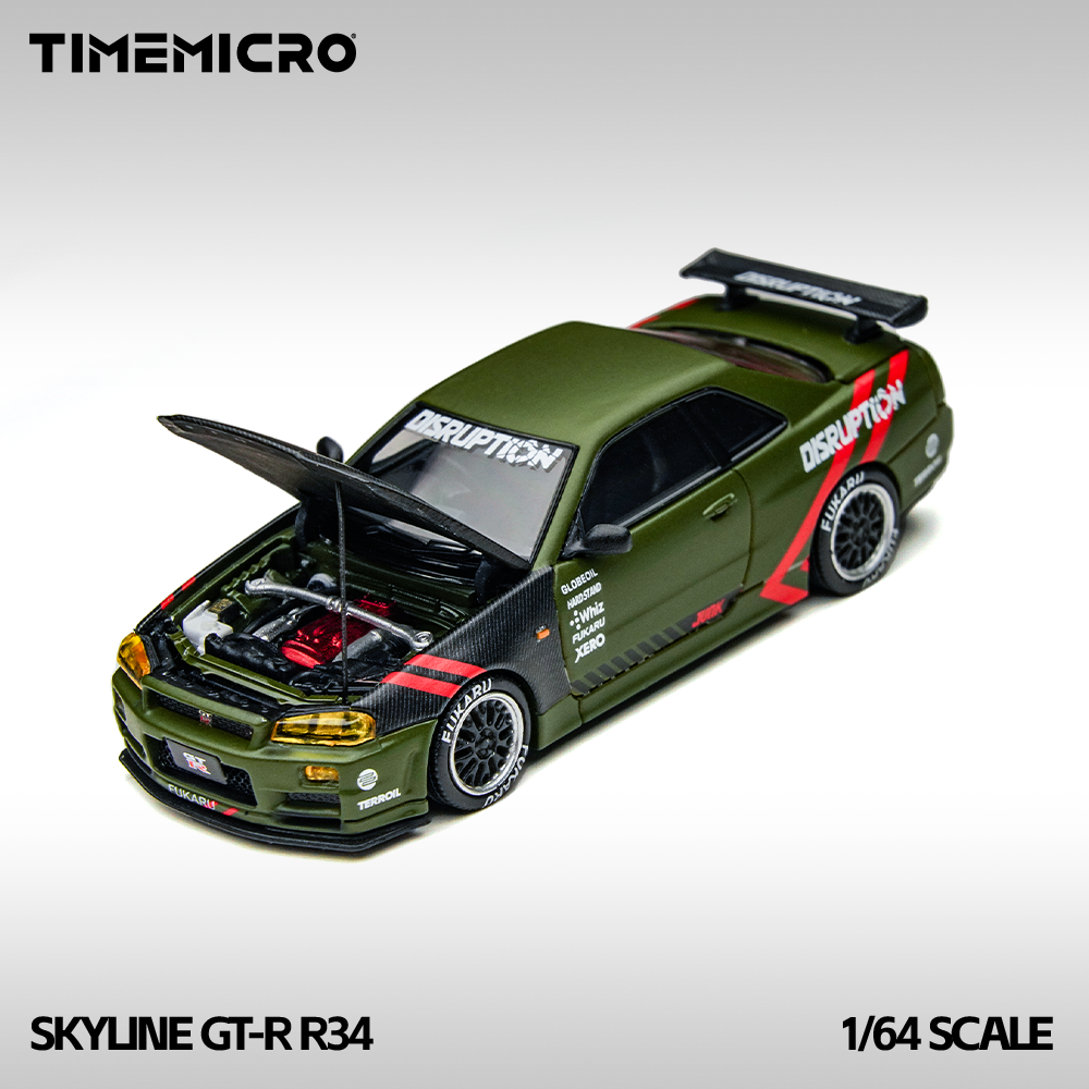 TM 1:64 Skyline GT-R R34 Matte Green Alloy Simulation Car Model