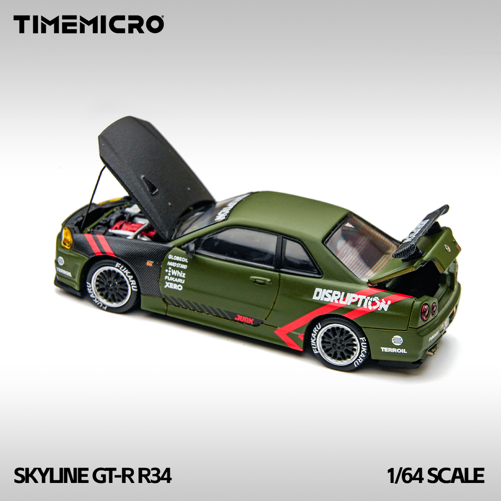 TM 1:64 Skyline GT-R R34 Matte Green Alloy Simulation Car Model