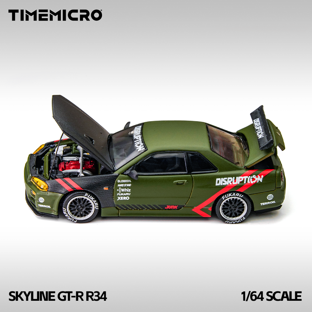 TM 1:64 Skyline GT-R R34 Matte Green Alloy Simulation Car Model