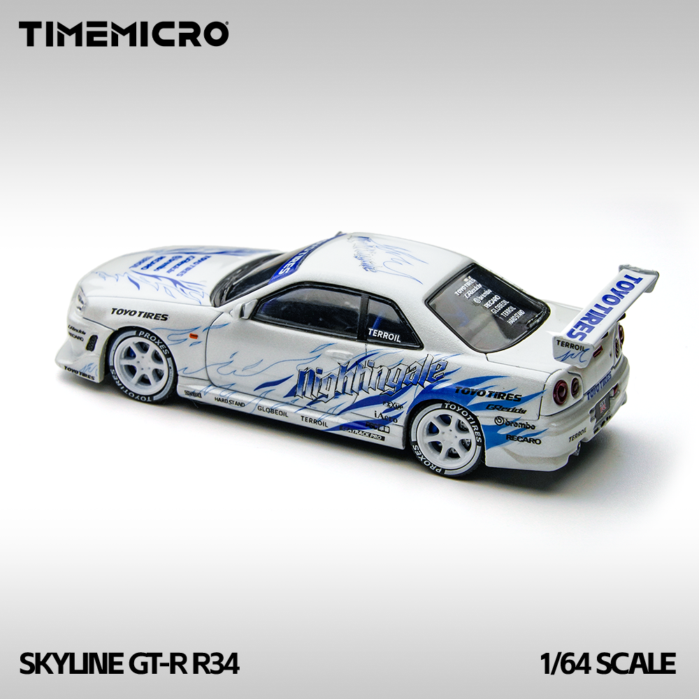 TimeMicro 1:64 Skyline GT-R R34 "Drift Flame" white alloy simulation