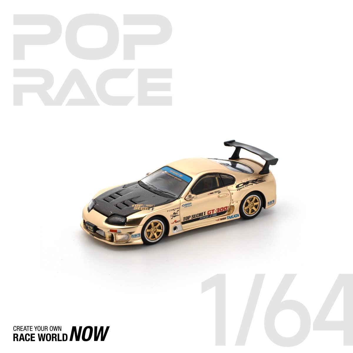 POP RACE 1:64 TOP SECRET GT300 SUPRA CHROME GOLD / CARBON HOOD - PRE ORDER