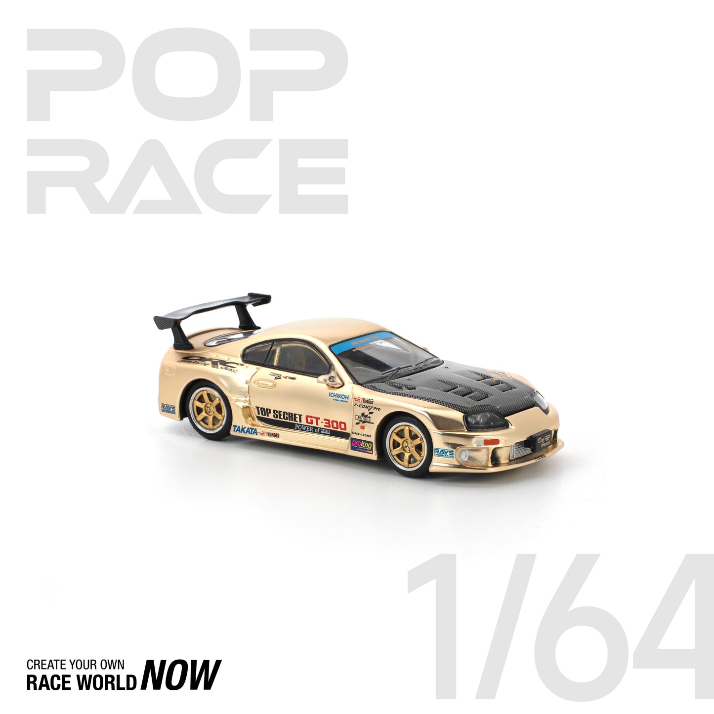 POP RACE 1:64 TOP SECRET GT300 SUPRA CHROME GOLD / CARBON HOOD - PRE ORDER