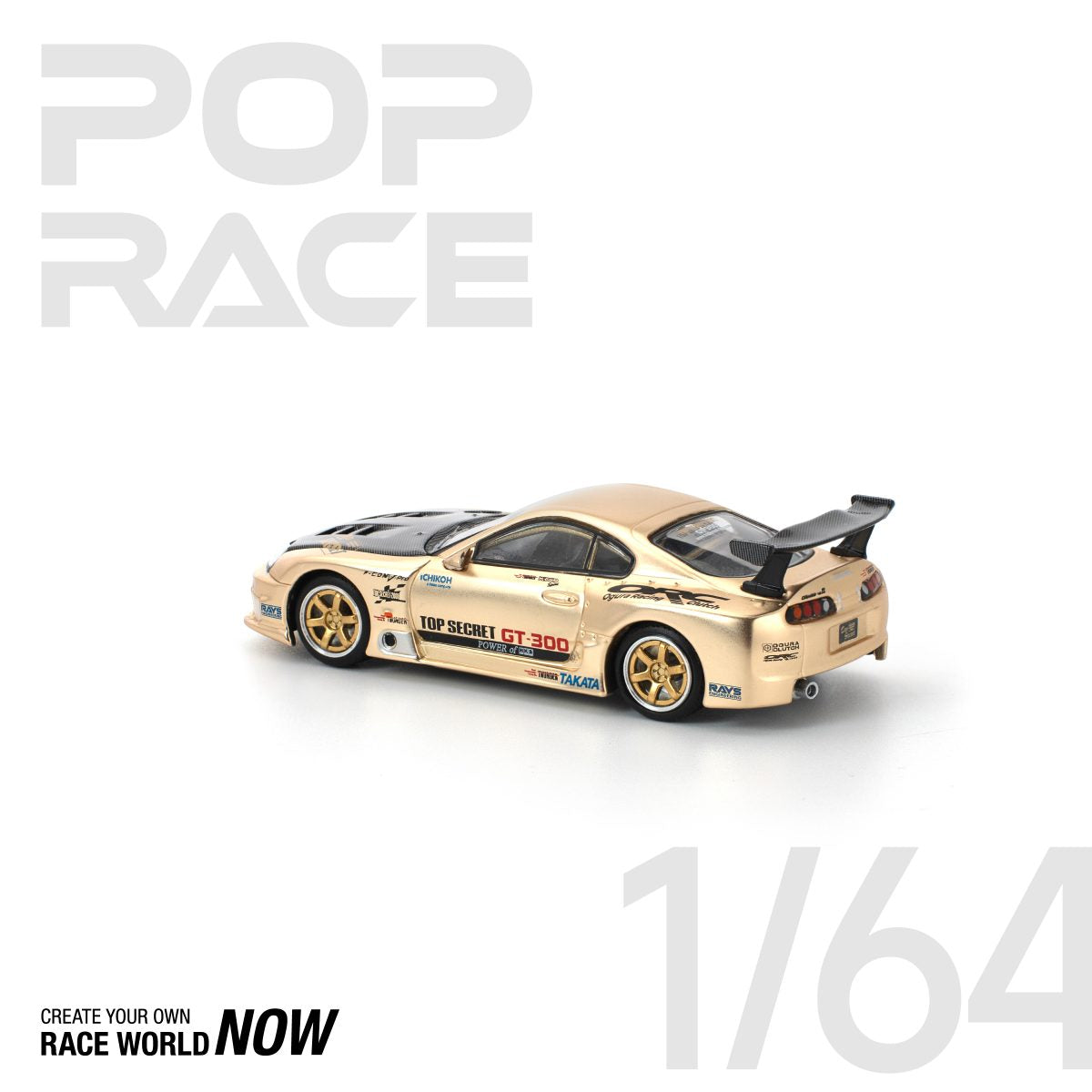 POP RACE 1:64 TOP SECRET GT300 SUPRA CHROME GOLD / CARBON HOOD - PRE ORDER