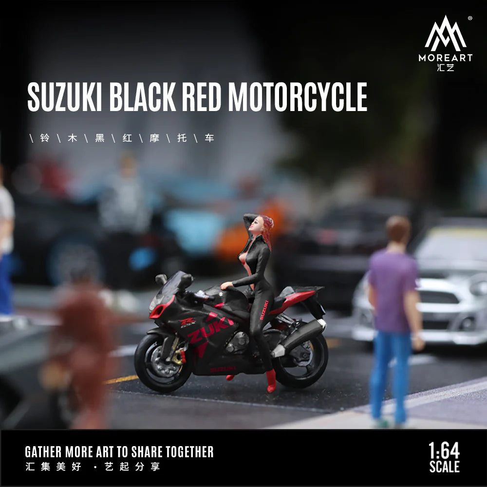 SUZUKI BLACK AND RED MOTORCYCLE DOLL SET RESIN MODEL