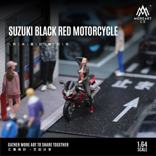 SUZUKI BLACK AND RED MOTORCYCLE DOLL SET RESIN MODEL