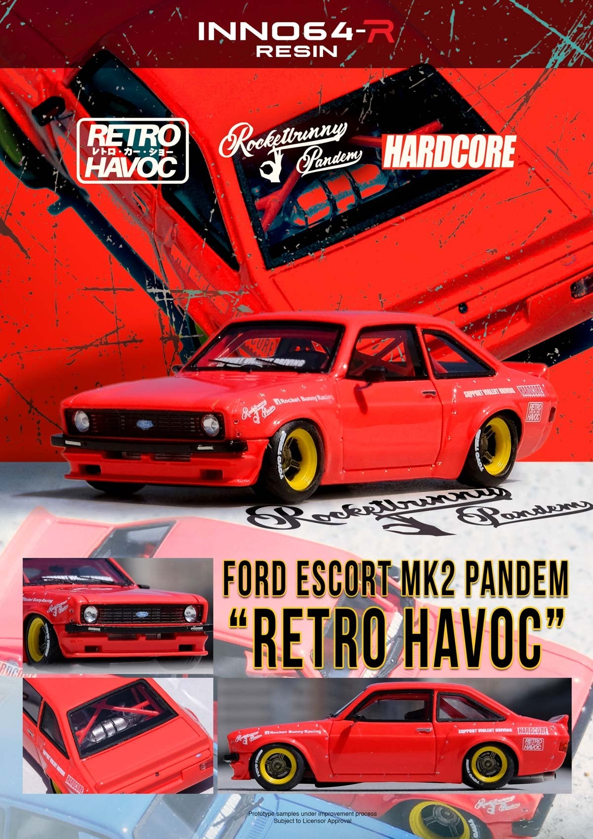 INNO64 - FORD ESCORT MK2 PANDEM "EMOTION" RETRO HAVOC RED / BLUE RESIN