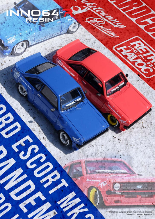 INNO64 - FORD ESCORT MK2 PANDEM "EMOTION" RETRO HAVOC RED / BLUE RESIN
