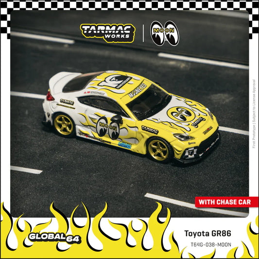 1:64 TOYOTA GR86 -- MOONEYES YELLOW/WHITE FLAMES -- TARMAC WORKS
