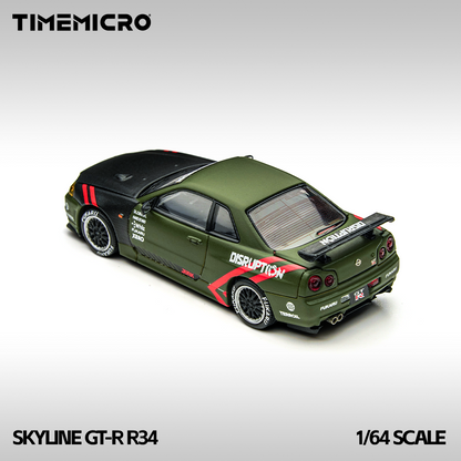 TM 1:64 Skyline GT-R R34 Matte Green Alloy Simulation Car Model
