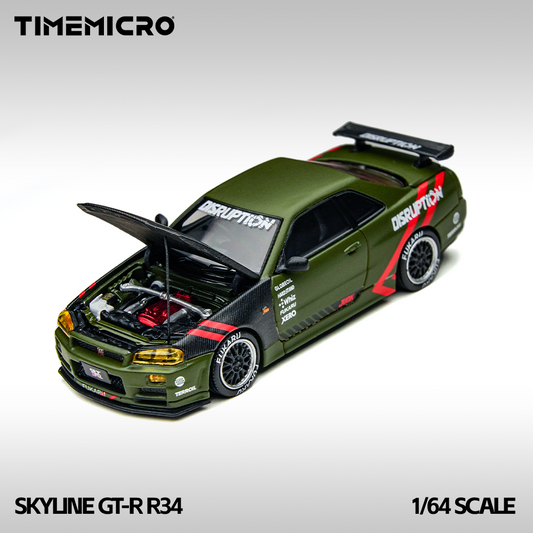 TM 1:64 Skyline GT-R R34 Matte Green Alloy Simulation Car Model