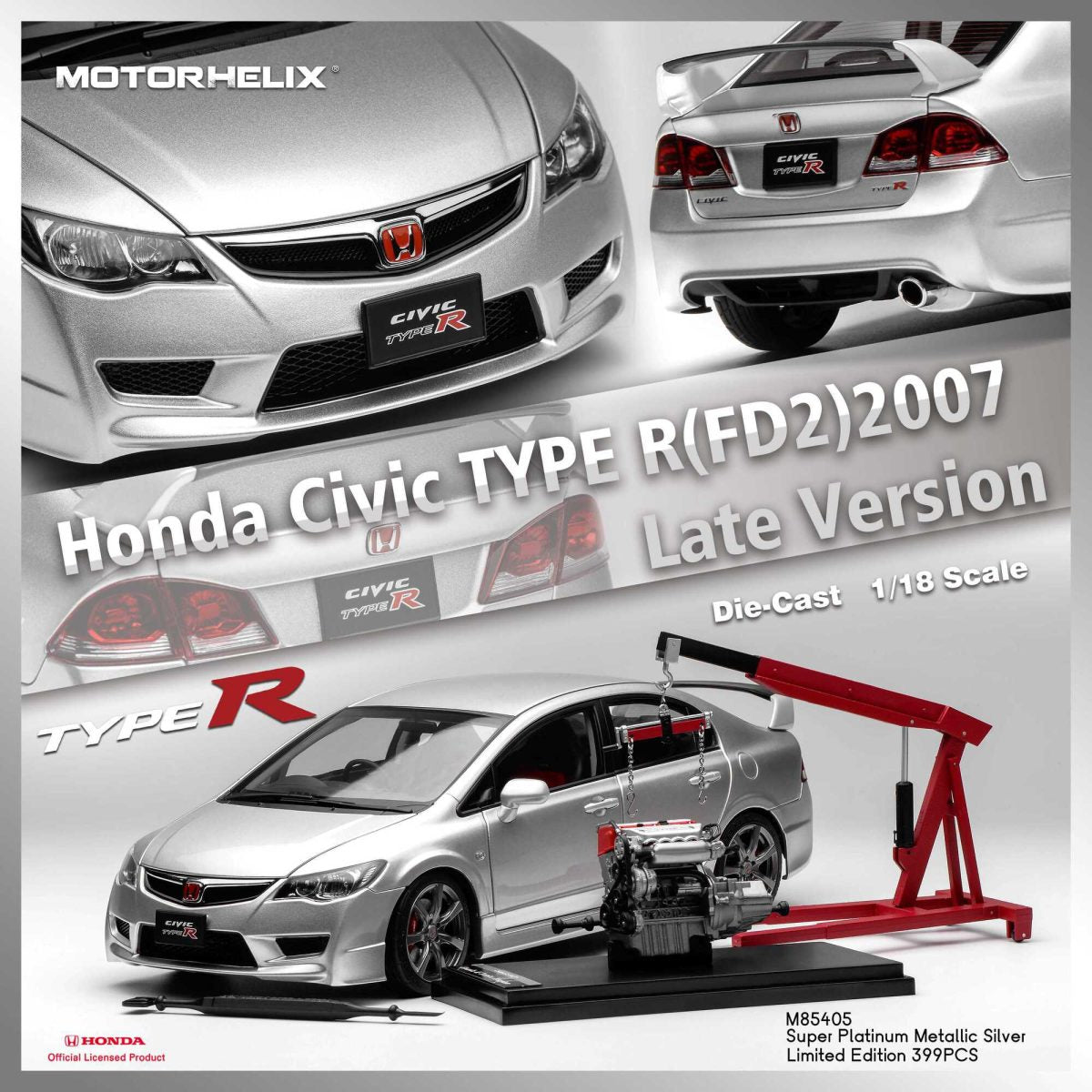 1/18 HONDA CIVIC TYPE R (FD2) 2007 LATE VERSION SUPER PLATINUM METALLIC SILVER – MOTORHELIX - PRE ORDER