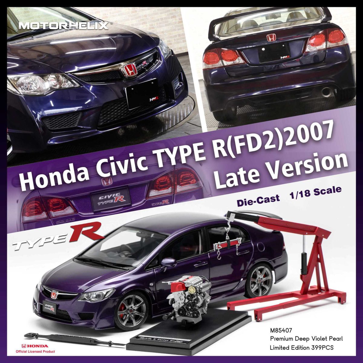 1/18 HONDA CIVIC TYPE R (FD2) 2007 LATE VERSION PREMIUM DEEP VIOLET PEARL – MOTORHELIX - PRE ORDER